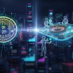 Kriptovaluta és szerencsejáték trend 2025: Digitális Bitcoin pénzérme és holografikus rulettasztal egy futurisztikus város felett.