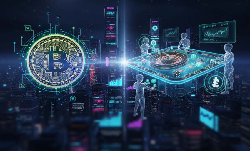 Kriptovaluta és szerencsejáték trend 2025: Digitális Bitcoin pénzérme és holografikus rulettasztal egy futurisztikus város felett.