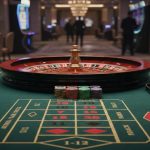 Rulettkerék és zöld asztal zsetonokkal egy elegáns kaszinóban.