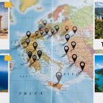 Utazás 2026: Európa és Ázsia térképe a legnépszerűbb magyar úti célokkal - Görögország, Santorini, Thaiföld, Bali.