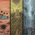 5 függőleges képsáv, melyek 5 különböző disztopikus veszélyt ábrázolnak: egy elszemetelt tengerpart, egy extrém hőségtől sújtott sivatagban lévő sziget, egy benőtt ősi rom, egy villámokkal teli város maszkkal, és egy jeges tenger romjaival.