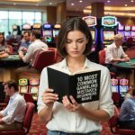 Fiatal nő kaszinóban nyerőgépek és pókerasztalok között állva olvas egy „10 Most Common Gambling Mistakes Beginners Make” című könyvet.