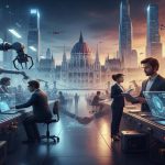 Mesterséges intelligencia hatása a magyar munkaerőpiacra; robotok és szakemberek Budapest sziluett előtt.