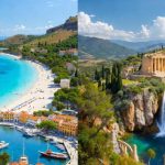 Türkizkék tenger, fehér homokos Ksamil strand napernyőkkel és a háttérben Korfu szigete, Albánia déli partján.