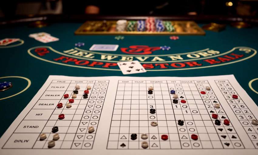 Fekvő blackjack alapstratégia tábla színes zsetonokkal megjelölve egy igazi kaszinó zöld posztós blackjack-asztalán, kártyákkal és zsetonokkal a háttérben.