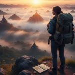 Egy nő, hátizsákkal a hátán, egy hegytetőn áll napfelkeltekor, a ködbe burkolózó hegyek és ősi templomok látványát csodálja, előtte egy kinyitott útikönyv fekszik.