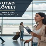 Fiatal nő áll egy repülőtéri váróban a nagy ablak előtt, bőrönddel és beszállókártyával, utazásra készülve.