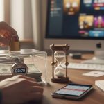 Kezet zárol pénzt egy záras átlátszó dobozban időmérővel, mint pénzügyi limitet. A háttérben homokóra és monitor online kaszinó felülettel.