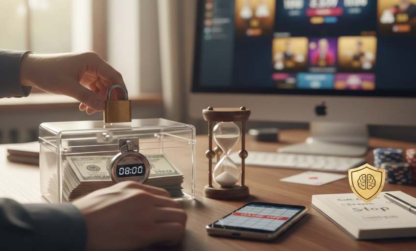 Kezet zárol pénzt egy záras átlátszó dobozban időmérővel, mint pénzügyi limitet. A háttérben homokóra és monitor online kaszinó felülettel.