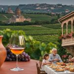 Grúziai panoráma, amely egyesíti a borászatot, a Kaukázus hegyeit és a vendégszeretetet: A kép előterében egy grúz család látható, amint egy hagyományos, fából készült erkélyes ház teraszán szuprát tartanak (tele Khachapuri és Khinkali ételekkel). Az asztalon egy kvevri-ben érlelt borral teli pohár és egy agyagedény látható. Háttérben szőlőültetvények, a Kazbek-hegy fenséges, hófedte csúcsa, valamint egy ősi grúz ortodox templom.