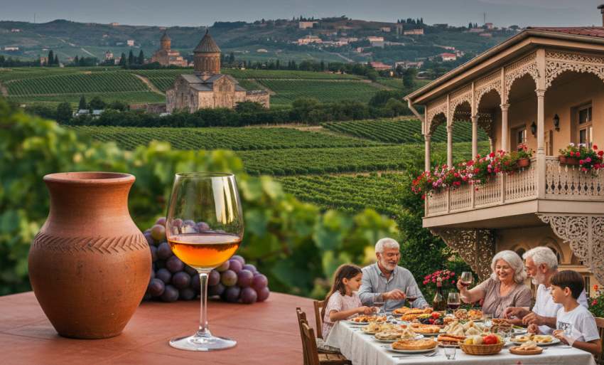 Grúziai panoráma, amely egyesíti a borászatot, a Kaukázus hegyeit és a vendégszeretetet: A kép előterében egy grúz család látható, amint egy hagyományos, fából készült erkélyes ház teraszán szuprát tartanak (tele Khachapuri és Khinkali ételekkel). Az asztalon egy kvevri-ben érlelt borral teli pohár és egy agyagedény látható. Háttérben szőlőültetvények, a Kazbek-hegy fenséges, hófedte csúcsa, valamint egy ősi grúz ortodox templom.