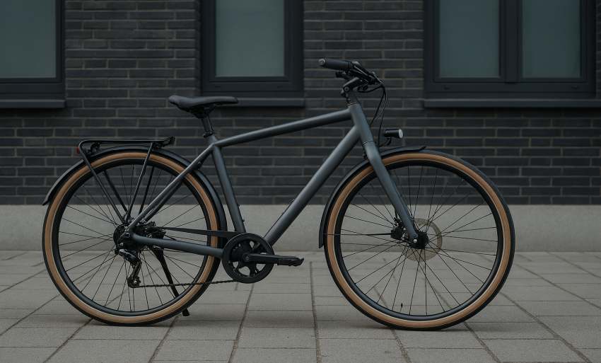 Modern városi kerékpár egy európai utcaképen naplementekor, stílusos és praktikus kialakítással.