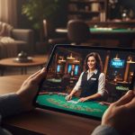 Férfi játszik élő kaszinóban otthonról egy tableten, ahol egy mosolygós női osztó látható a rulett asztalnál.