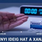 Egy személy keze a Xanax doboza fölött tart egy kapszulát, miközben több fehér tabletta is látható az éjjeliszekrényen egy digitális ébresztőóra előtt, ami 00:00-t mutat. Egy grafikon húzódik a képen, ami jelzi a gyógyszer hatásának időtartamát: az egyik végén 00:00:00, a másik végén pedig 04:00:00 van feltüntetve. A kép alján a "MENNYI IDEIG HAT A XANAX?" és "4-6 óra" felirat olvasható.