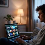 Fiatal férfi kanapén ülve laptopon online filmstreaming oldalt böngész, ahol számos filmborító látható a képernyőn, hangulatos esti otthoni környezetben lámpafénynél.
