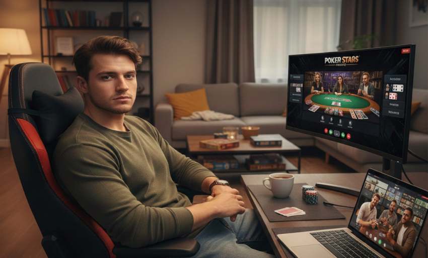 Egy pókerjátékos semleges arckifejezéssel (pókerarccal) ül egy asztalnál, melyen zsetonok és lapok láthatók.