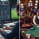 Sportfogadás elemzés több monitoron szemben egy luxus kaszinó blackjack asztalával, ami a tudás alapú nyerés és a szerencsejáték különbségét mutatja.
